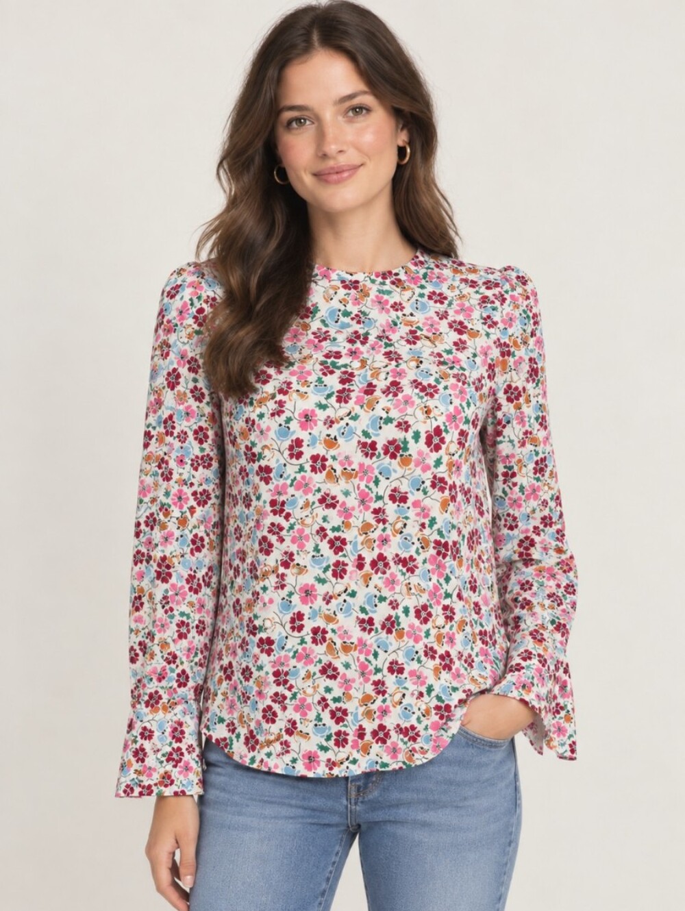 Tish Cox Floral Print Long Skeeve Cotton Blouse Size Small